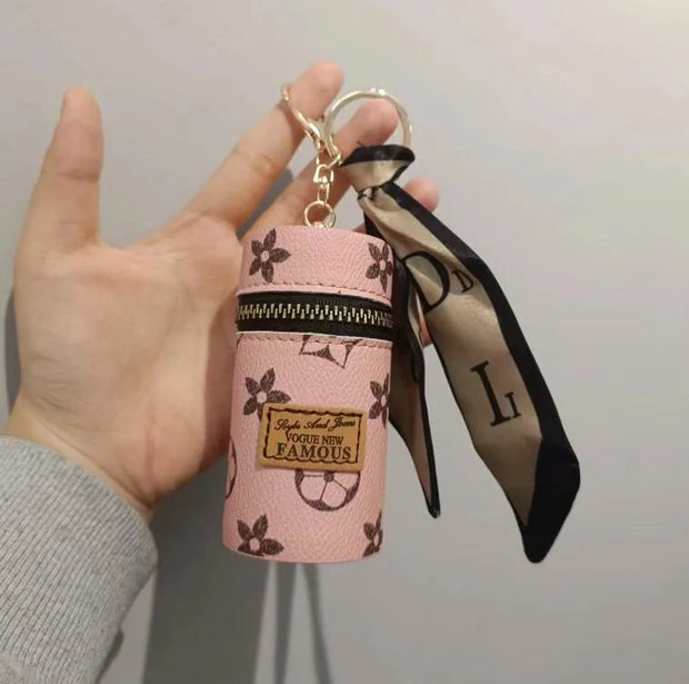 Designer Keychain Letter Key Lipstick Keychains Fashion PU Leather Purse Pendant Car Keyring Chain Charm Brown Flower Mini Bag Trinket Gift for Men Women - Luxe Ladies Moda
