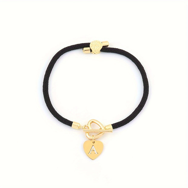 18K Gold Plated Initial Heart Charm Bracelet for Women, Classic Simple Adjustable Rope Stainless Steel Bangle, Daily Wear Jewelry – No Mosaic, Fits All Seasons - Luxe Ladies Moda