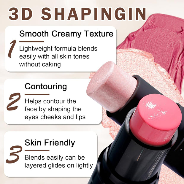 3PCS Cream Contour Stick Makeup Kit Face Contour Highlighter Stick,Smooth Cream Bronzer Contour Blush Stick Long Lasting Highlighter Makeup Stick for Cheeks,Eyes,Lips (02,05,06)