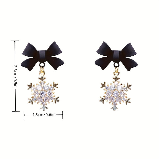 2Pcs Simple Black Bow Snowflake Earrings for Autumn and Winter, Ideal Christmas Gift Choice - Luxe Ladies Moda