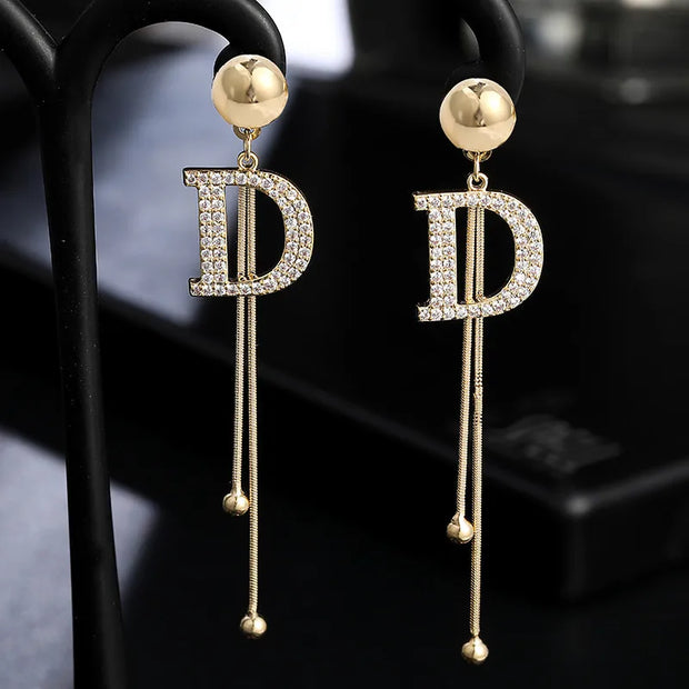 New Luxury Brand Long Tassel Drop Earrings for Women D Letter Crystal Snake Chain Fashion Jewelry Free Shipping No Minimum Order - Luxe Ladies Moda