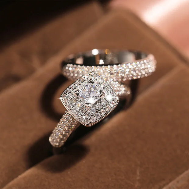 925 Sterling Silver Luxury 2 pcs Wedding Rings Set For Women Stackable Finger Rings