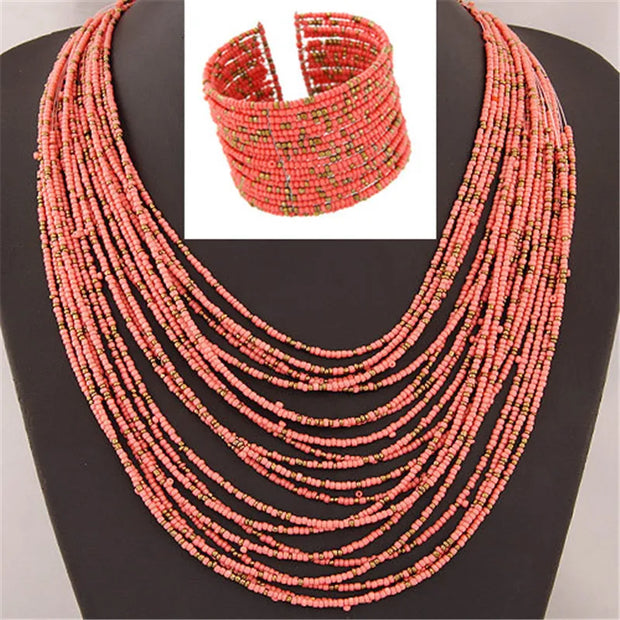 DIEZI African Acrylic Beads Jewelry Sets Bohemia Necklaces Bangles Women Fashion Statement Multilayer Necklace New Jewelry Set - Luxe Ladies Moda