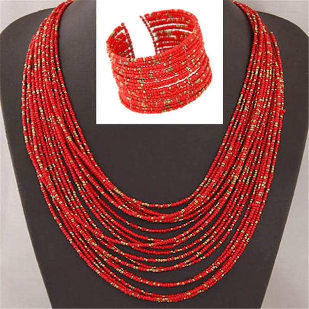 DIEZI African Acrylic Beads Jewelry Sets Bohemia Necklaces Bangles Women Fashion Statement Multilayer Necklace New Jewelry Set - Luxe Ladies Moda