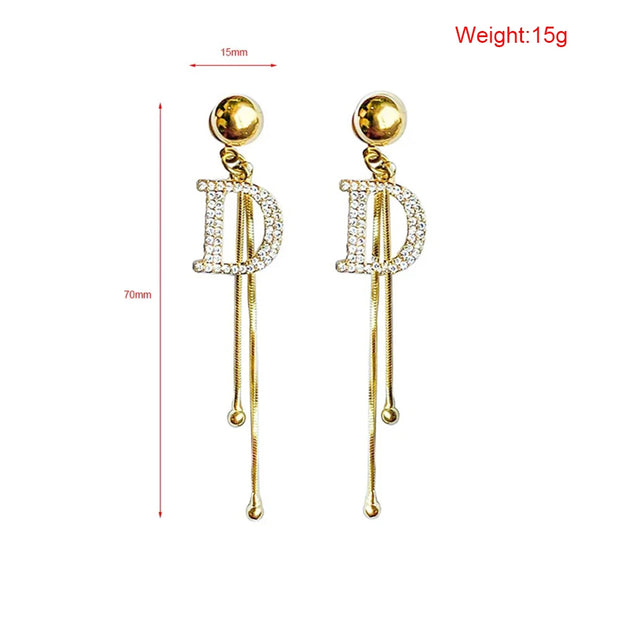 New Luxury Brand Long Tassel Drop Earrings for Women D Letter Crystal Snake Chain Fashion Jewelry Free Shipping No Minimum Order - Luxe Ladies Moda