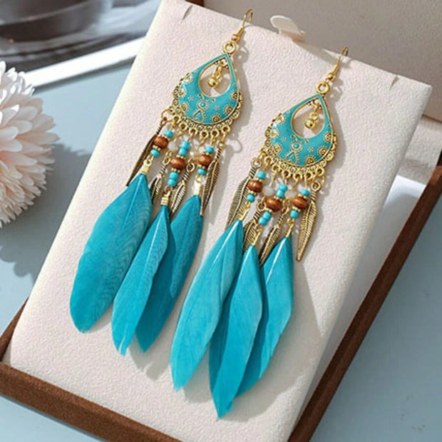 Bohemian Colorful Feather Earrings, Beaded Tassel Dangle Earrings For Women - Luxe Ladies Moda