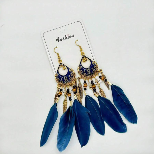 Bohemian Colorful Feather Earrings, Beaded Tassel Dangle Earrings For Women - Luxe Ladies Moda