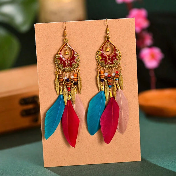 Bohemian Colorful Feather Earrings, Beaded Tassel Dangle Earrings For Women - Luxe Ladies Moda