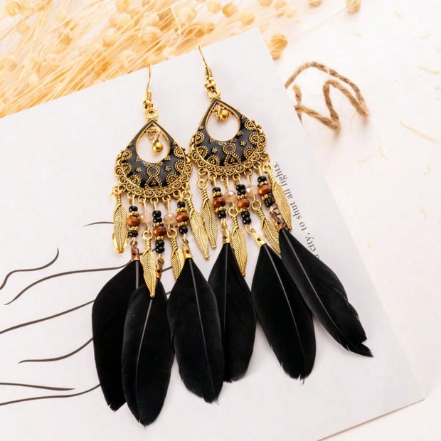 Bohemian Colorful Feather Earrings, Beaded Tassel Dangle Earrings For Women - Luxe Ladies Moda