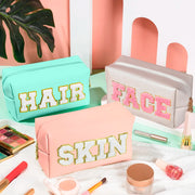 Chenille Letter Cosmetic Bag PU Leather Waterproof Pouch Cute Zipper Organizer, Skin, Hair and Face - Luxe Ladies Moda
