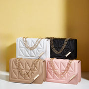 Triangle diamond check embroidery small square bag new fashion with solid color sequin magnetic link crossbody bag - Luxe Ladies Moda