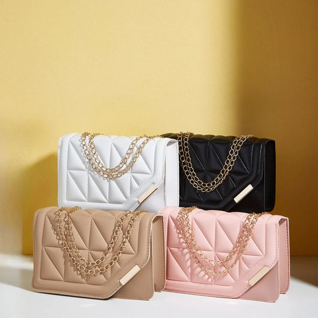 Triangle diamond check embroidery small square bag new fashion with solid color sequin magnetic link crossbody bag - Luxe Ladies Moda