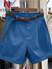 Summer Cotton Shorts for Women Korean Loose Casual Wide Leg Short Belt Solid Color Rose Red Women's Short Pants Female Clothing