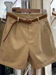Summer Cotton Shorts for Women Korean Loose Casual Wide Leg Short Belt Solid Color Rose Red Women's Short Pants Female Clothing