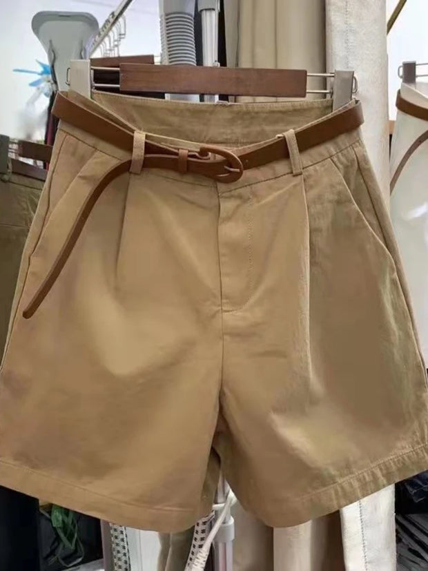 Summer Cotton Shorts for Women Korean Loose Casual Wide Leg Short Belt Solid Color Rose Red Women's Short Pants Female Clothing