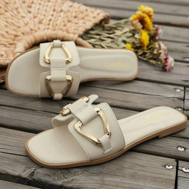 Women Metal Decor Single Band Flat Sandals Fashion Sexy Open Toe Outdoors Slides Luxurious Office Ladies Party Female Shoes - Luxe Ladies Moda