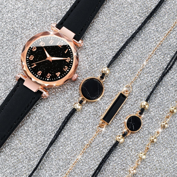 5PCS/Set Women‘s Watches Ladies Fashion Leather Band Analog Quartz WristWatch Bracelets Set - Luxe Ladies Moda