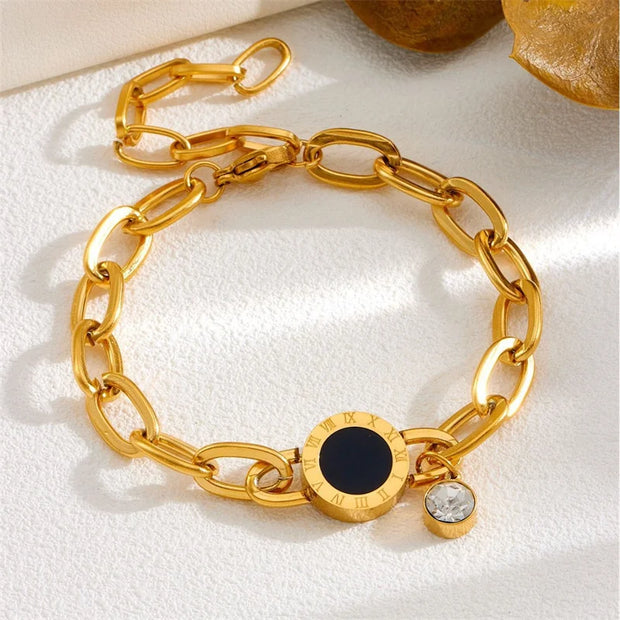 316L Stainless Steel Black And White Fritillaria Roman Round Plate Elegant And Charming Golden Gril Bracelet Evening Jewelry