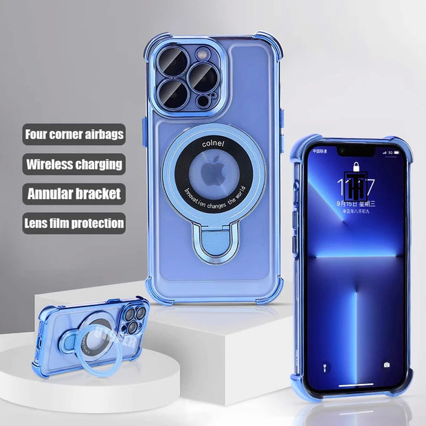 New Strong Magsafe Magnetic Ring Stand for iPhone 16 15 14 13 11 12 Pro Max Plus Military Shockproof Slim Plating Clear Cover - Luxe Ladies Moda
