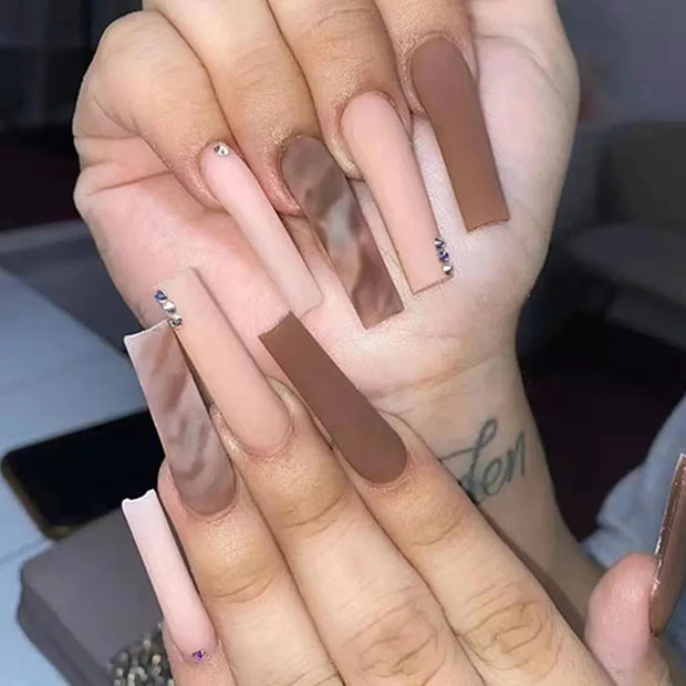 24pcs/Box Long T Handmade French Flame Wave Love With Diamond False Nail Enhancement Waterproof Gel Fake Nails