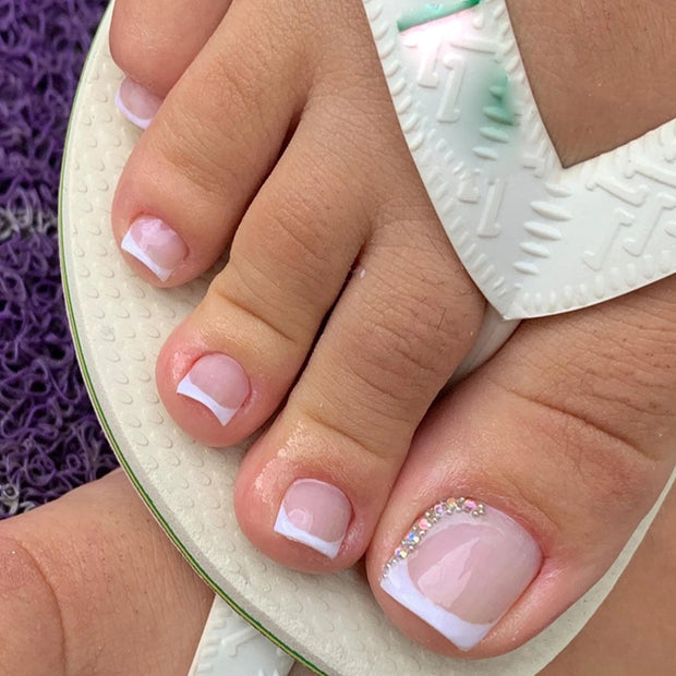 Summer French Gradient Press-On Toe Nails – Short Square Full Cover Rainbow Fake Toenail Set