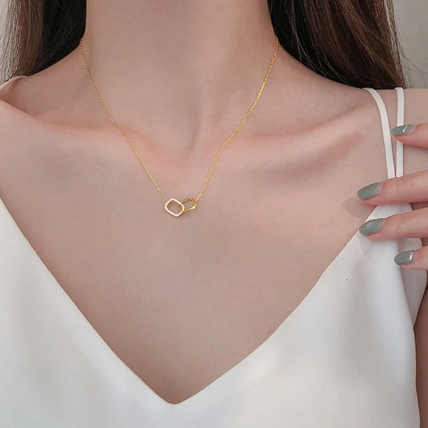 S925 Silver Round Choker Zircon For Women Fashion Chain Minimalist Dainty Double Circle Pendant Necklace Neck Fine Jewelry - Luxe Ladies Moda