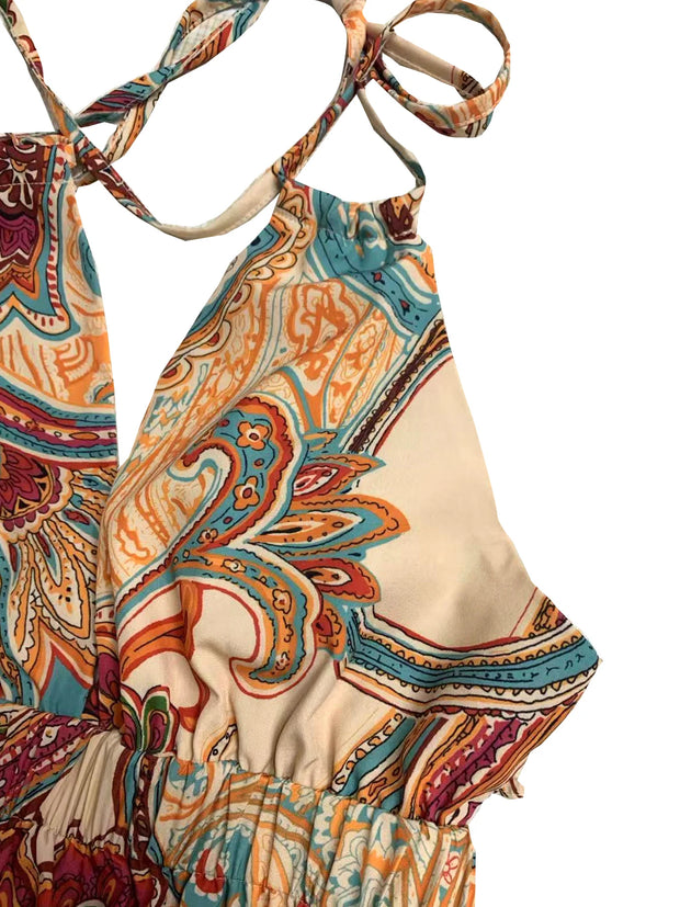 Women's Boho Printed Halter Backless Tie-Back Crop Mini Dress, Casual & Resort Style, Spring/Summer - Luxe Ladies Moda