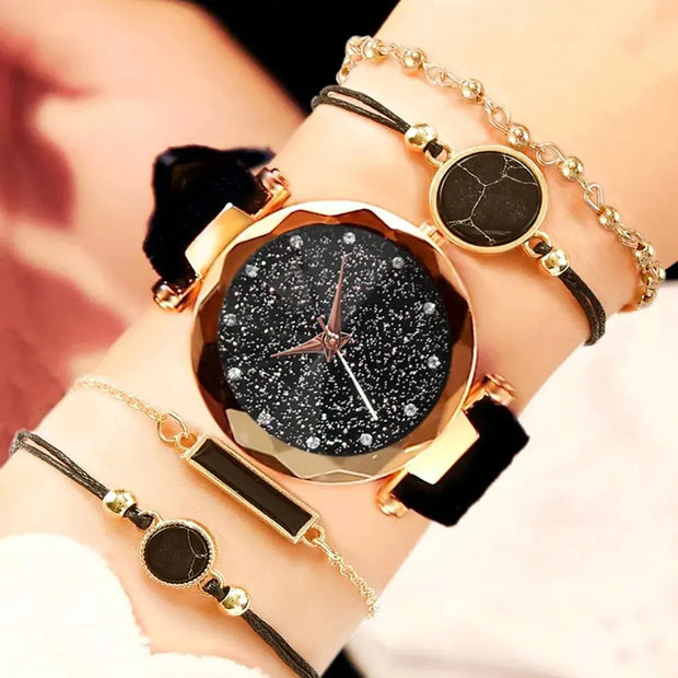 5pcs Set Womens Watches Set Ladies Fashion Watch Black Female New Simple Casual Womens Analog WristWatch Bracelet Gift No Box - Luxe Ladies Moda