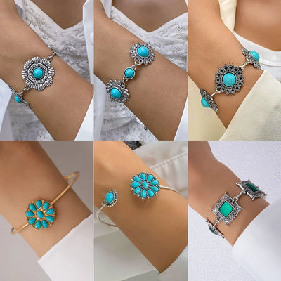 Vintage Green Stone Bracelets for Women Luxury Crystal Stone Flowers Opening Bangle Adjustable Jewelry Accessories - Luxe Ladies Moda