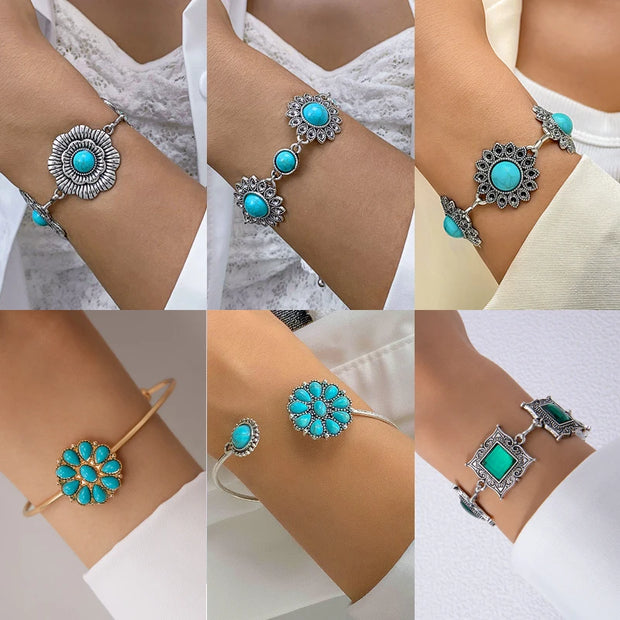 Vintage Green Stone Bracelets for Women Luxury Crystal Stone Flowers Opening Bangle Adjustable Jewelry Accessories - Luxe Ladies Moda