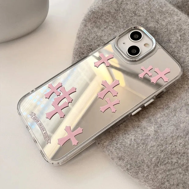 Luxury Pink Jesus Christ Cross Mirror Face Phone Case For iPhone 15 14 13 12 11 Pro Max Hard Acrylic Makeup Mirror iPhone Cases - Luxe Ladies Moda