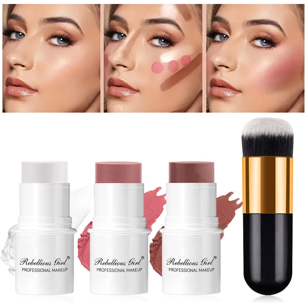 Blush Contour Highlighter Stick for Cheeks Eyes Lip Lightweight Dewy Finish Blush Stick Contour Natural Blusher Stick Makeup Set - Luxe Ladies Moda