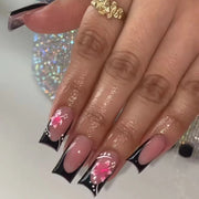 24pcs French False Nails Pink Flowers Short Coffin Fake Nail Tips for Girl Wearable Sweet Korean Simple Nude Pink Press on Nails - Luxe Ladies Moda
