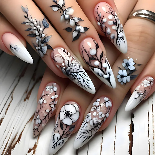 24pcs/set Medium long fake nails for women Spring summer flowers butterfly bee design faux ongles tips press on false nail art - Luxe Ladies Moda
