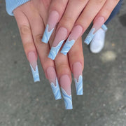 24pcs/Box Long T Handmade French Flame Wave Love With Diamond False Nail Enhancement Waterproof Gel Fake Nails