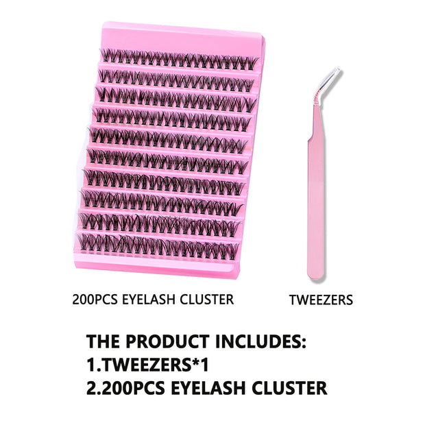 DIY Eyelash Extension Kit 200pcs Individual Lashes Cluster D Curl, 8-16mm Mix Lash Clusters with Lash Tweezers - Luxe Ladies Moda