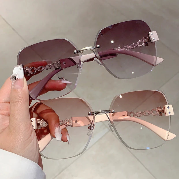 Gradient Tea Women Sunglasses Oversize Rimless Retro Shades for Decoration Driving UV Protection Sun Glasses - Luxe Ladies Moda