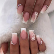 24pcs/Box Long T Handmade French Flame Wave Love With Diamond False Nail Enhancement Waterproof Gel Fake Nails