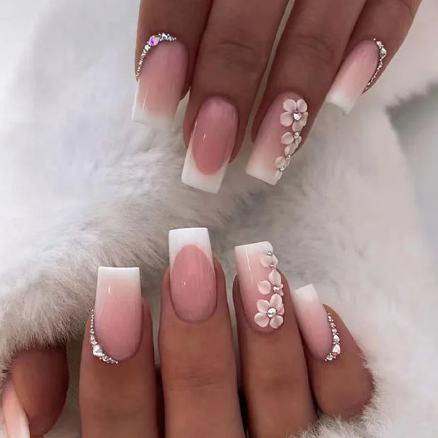 24pcs/Box Long T Handmade French Flame Wave Love With Diamond False Nail Enhancement Waterproof Gel Fake Nails