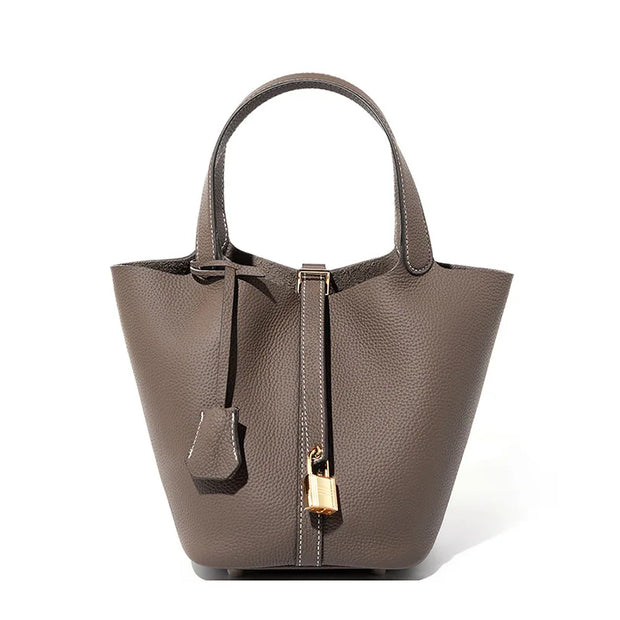 Ladies Handbag Female Bucket Bag Basket Shoulder Bag Travel Bag Large Soft Cowhide Leather Tote with Lock Design