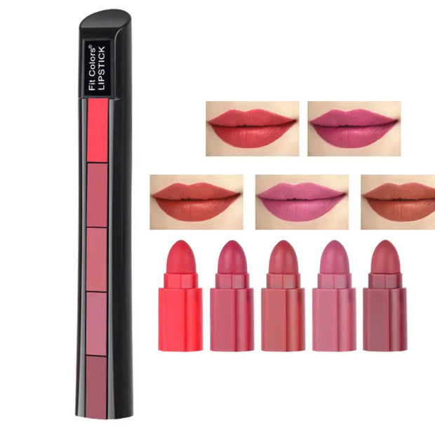 Sexy 5 In 1 Matte Velvet Texture Red Lipstick Strip Lip Gloss Makeup Set for Long Lasting & Non-stick Cup Cosmetics - Luxe Ladies Moda