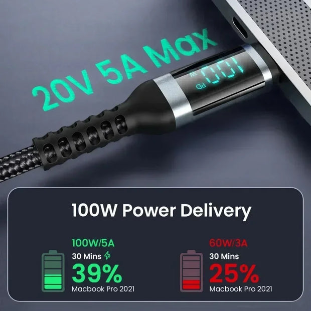 PD100W USB Type C to USB C Cable LED Display Fast Charging Charger 5A USB C Cord
