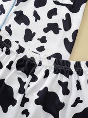 Two-piece set of women's pajamas lapel top and trousers cow pattern summer casual women's pajamas home wear - Luxe Ladies Moda