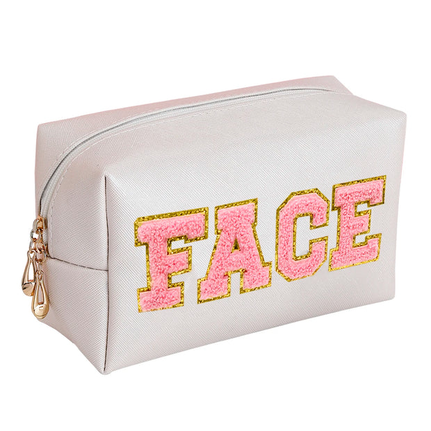 Chenille Letter Cosmetic Bag PU Leather Waterproof Pouch Cute Zipper Organizer, Skin, Hair and Face - Luxe Ladies Moda