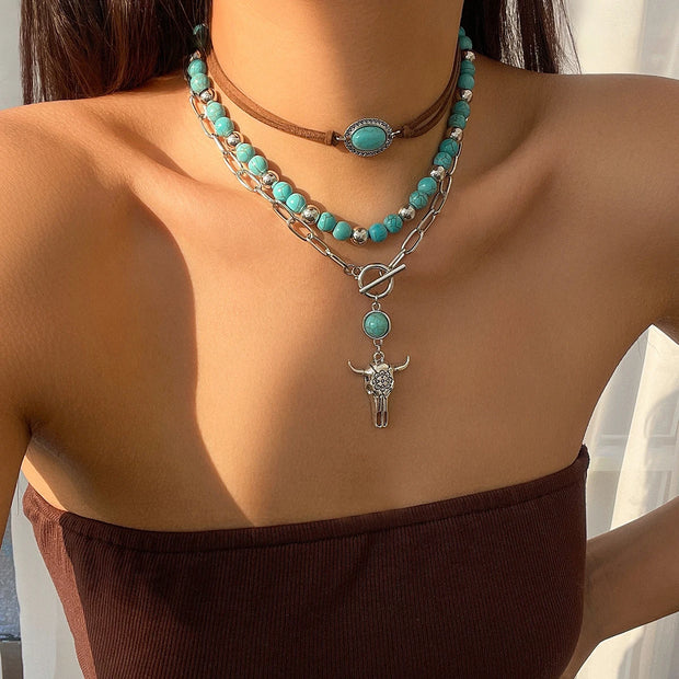 3pcs Set Vintage Ethnic Style Bull Head Pendant Necklace for Women Exquisite Green Stone Beads Clavicle Chain Jewelry - Luxe Ladies Moda