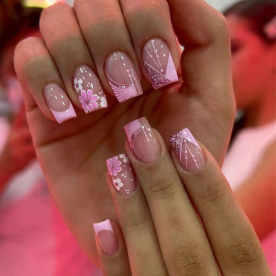 24pcs French False Nails Pink Flowers Short Coffin Fake Nail Tips for Girl Wearable Sweet Korean Simple Nude Pink Press on Nails - Luxe Ladies Moda