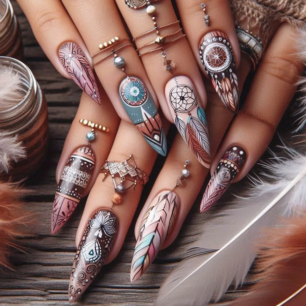24pcs/set Medium long fake nails for women Spring summer flowers butterfly bee design faux ongles tips press on false nail art - Luxe Ladies Moda