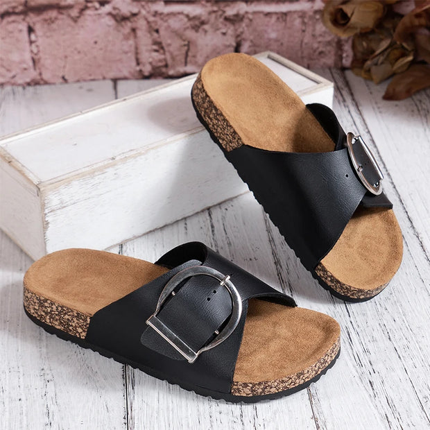 Women's simple solid color buckle cover for wearing flat heeled straight slippers - Luxe Ladies Moda