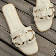 Women Metal Decor Single Band Flat Sandals Fashion Sexy Open Toe Outdoors Slides Luxurious Office Ladies Party Female Shoes - Luxe Ladies Moda