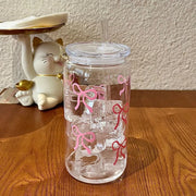 500Ml Pink Bow Print Water Bottle Drinking Can Iced Hot Coffee Juice Plastic Cup Pink Bowknot Tumbler Cup - Luxe Ladies Moda